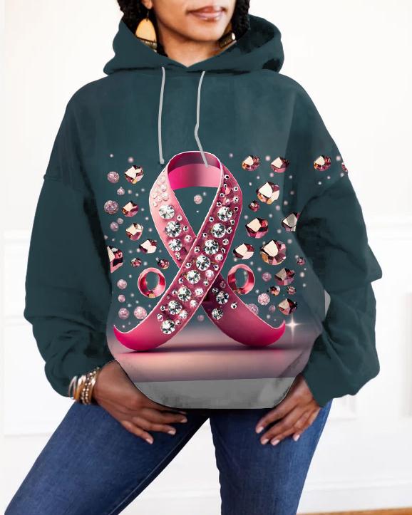 Breast Cancer Awareness Diamond Stamp Print Long-sleeved Hooded