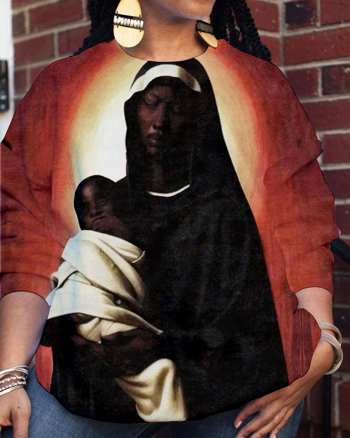 Women's Christian Black Virgin Mary Illustration Printed Crewneck Sweatshirts