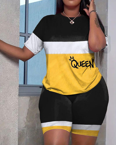 Striped Contrast Queen Letters Short Sleeve Shorts Set