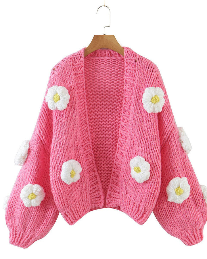 Women's Fashion Loose Thick Needle Wool Handmade Flower Lantern Sleeve Knitted Sweater Cardigan