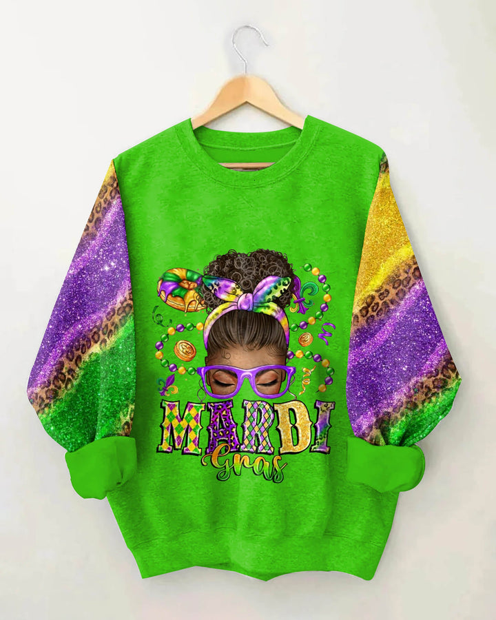 Mardi Gras Afro Messy Bun Crewneck Sweatshirt