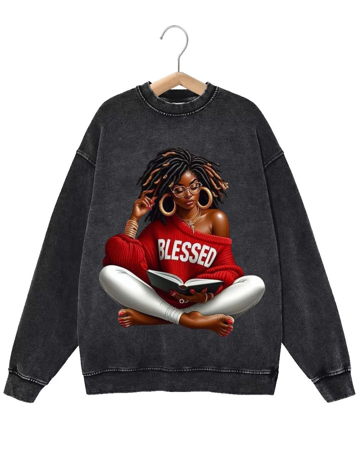 Retro Fashion Distressed Washed Reading Curly Girl Print Long Sleeve Sweatshirt