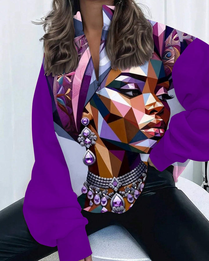 Black Women Cubism Art Zipper Stand Collar Loose Fleece Sweatshirt