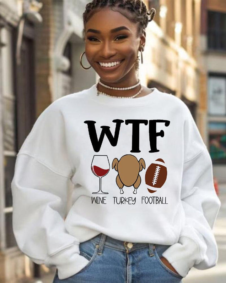 Women's Wine Turkey Football Print Round Neck Long Sleeve Sweatshirt