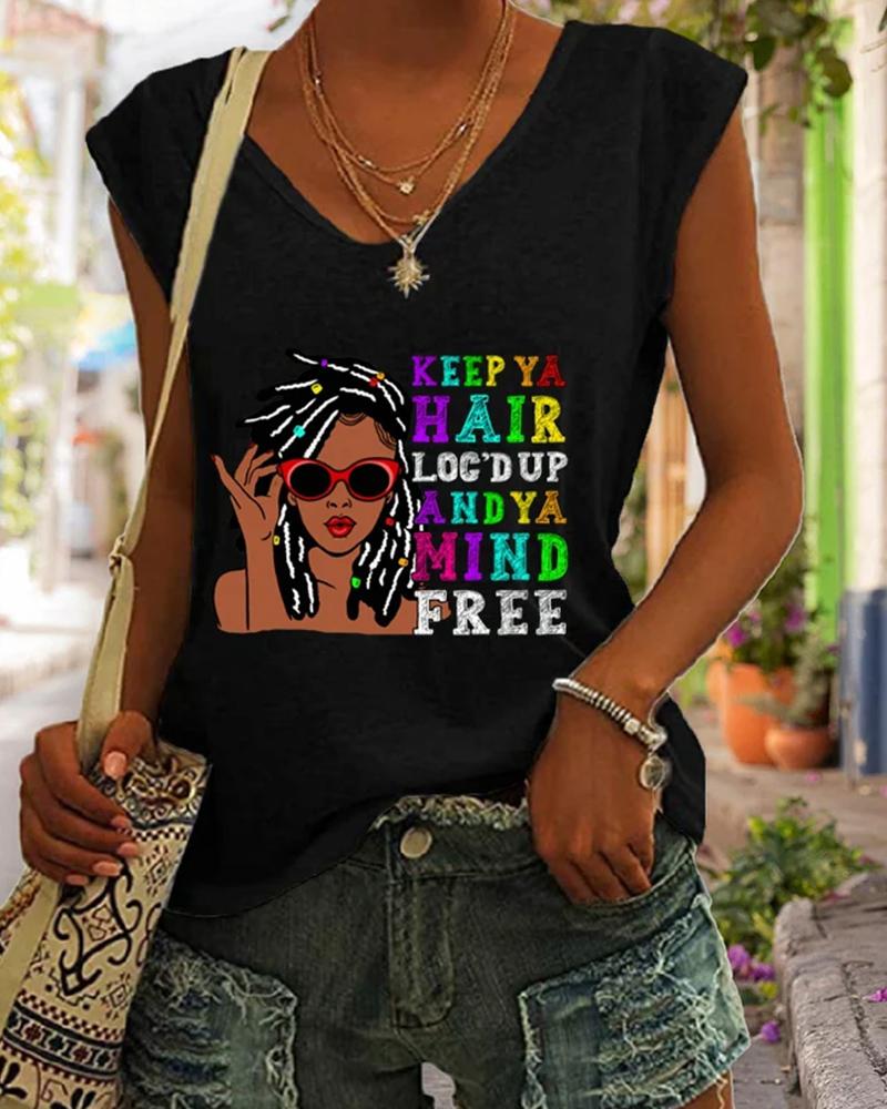 Black Girl Letter Character Print Sleeveless Ladies Tank Top