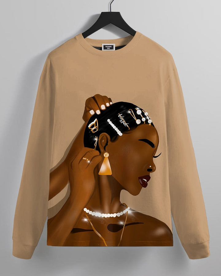 Headdress Brown Girl Crew Neck Long Sleeve T-shirt