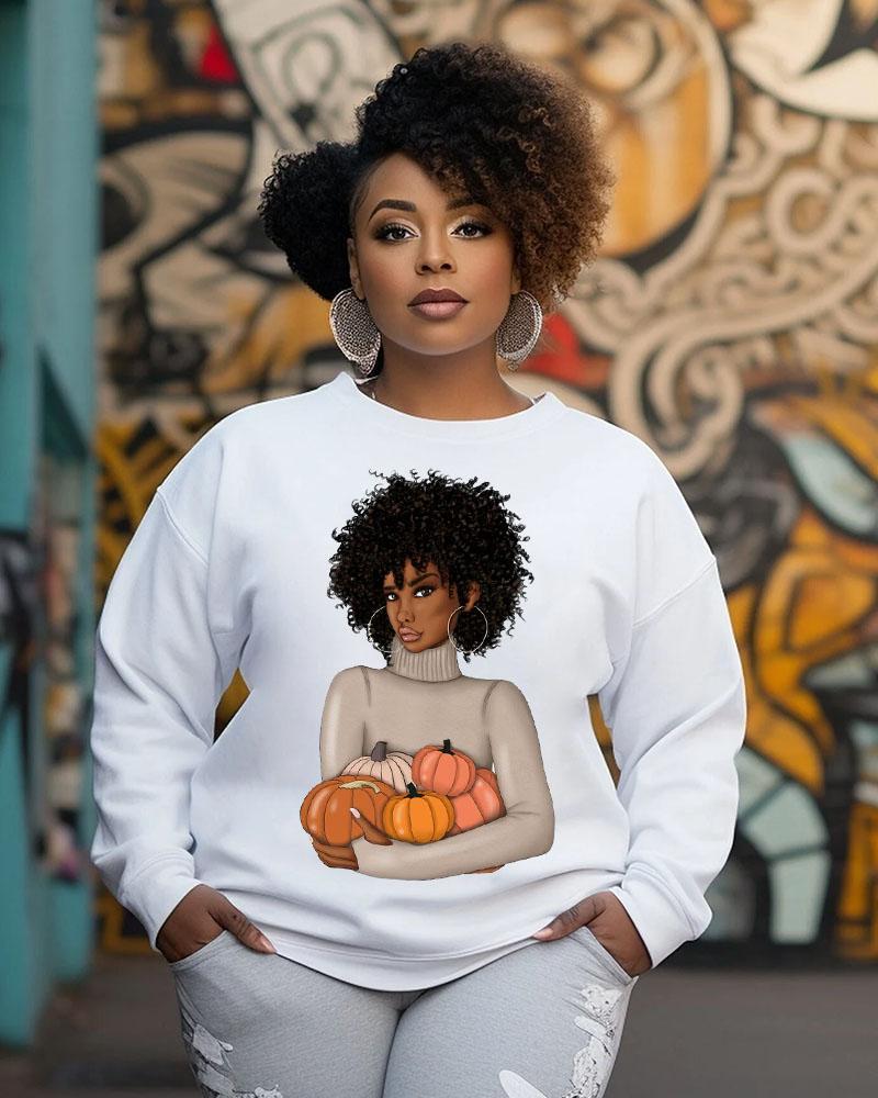 Women's Round Neck Thanksgiving Black Girl Printed Long Sleeve Sweatshirts