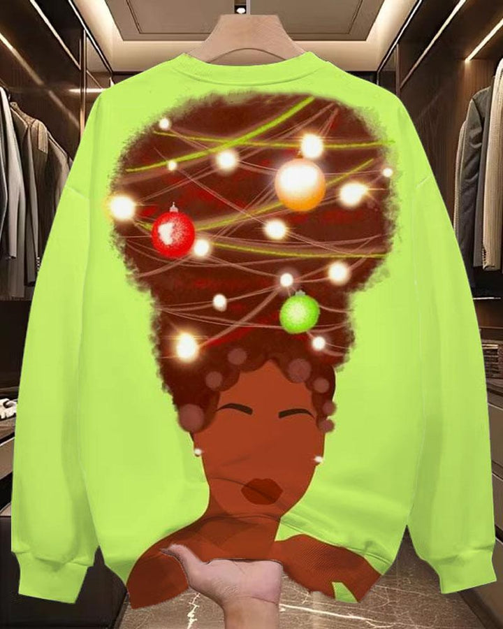 Women's Black Girl and Christmas Lights Print Crewneck Sweatshirts