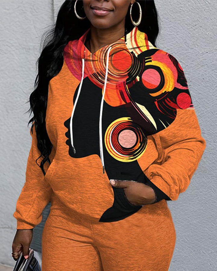 Retro Ethnic Portrait Print Hoodie and Solid Color Casual Pants Set