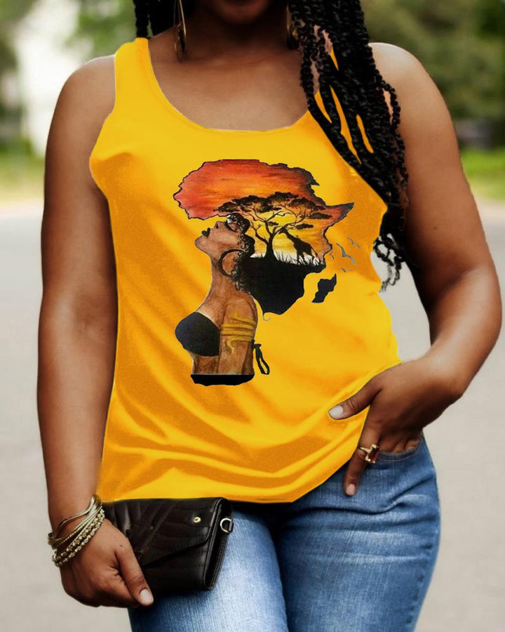 Black Landscape Girl Head Print Ladies Vest