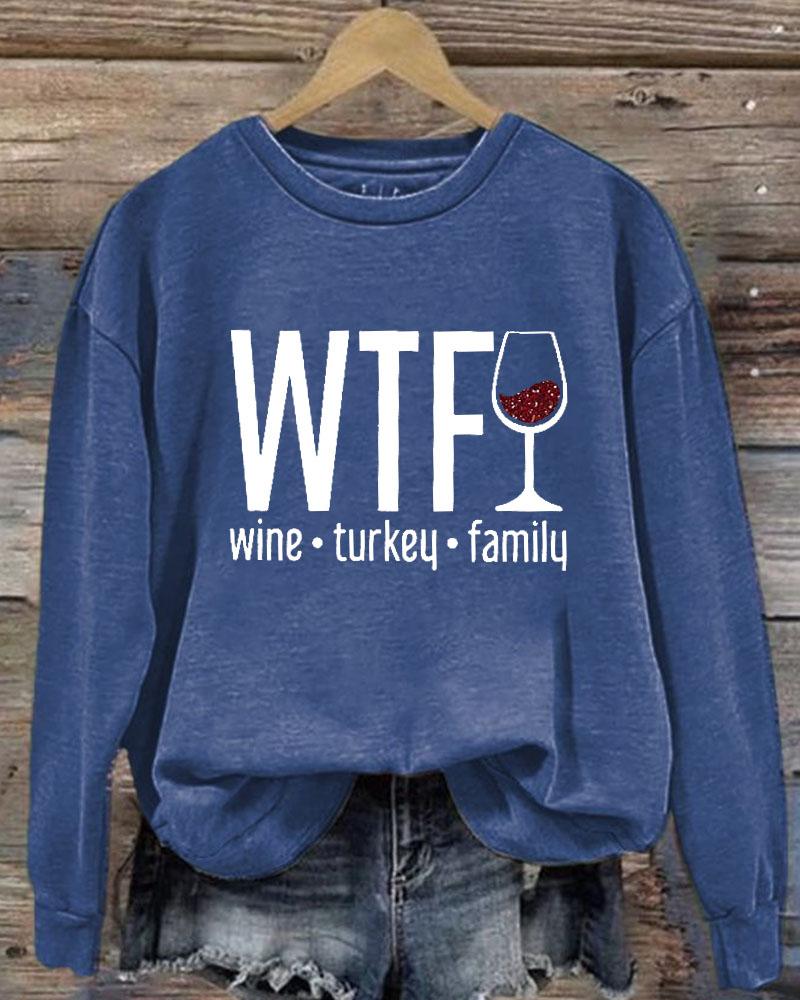 Women's Thanksgiving Wine Turkey Family Printed Round Neck Long Sleeve Sweatshirt