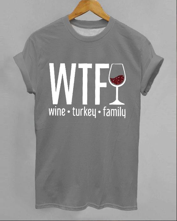 Women's Thanksgiving Wine Turkey Family Printed Round Neck Short Sleeve Tee