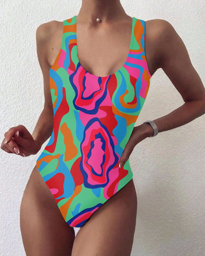 Colorful Ripple Printing Backless One Piece Swimsuit