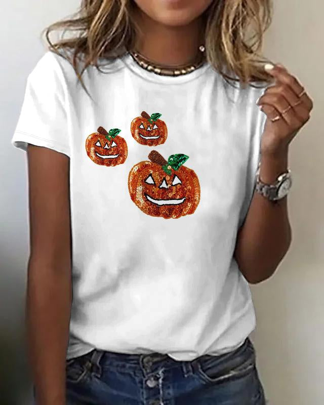 Halloween Simple Versatile Pumpkin Print Cotton Crew Neck Short Sleeve Shirt