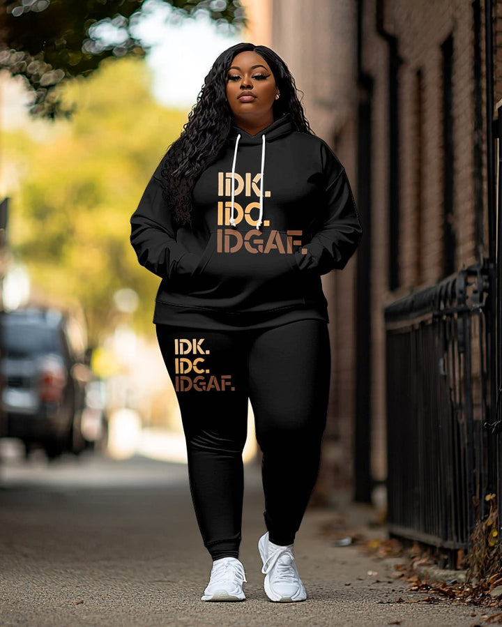 Fashion Simple IDK IDC IDGAF Letter Print Long Sleeve Hoodie Two Pieces Set