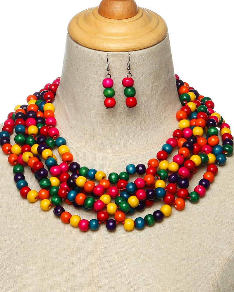 Colorful Ethnic Wooden Beads Multi-layer Braided Necklace