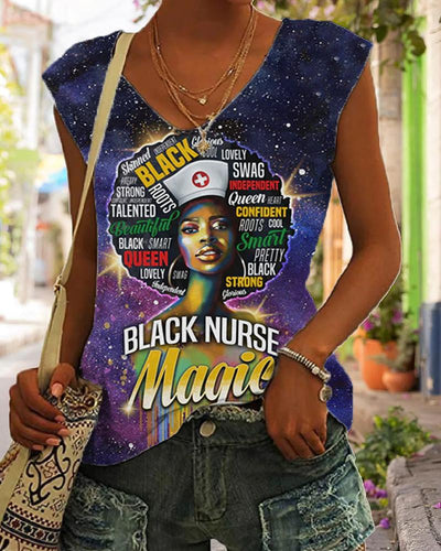 Star Nurse Black Fashion Print Sleeveless Ladies Vest