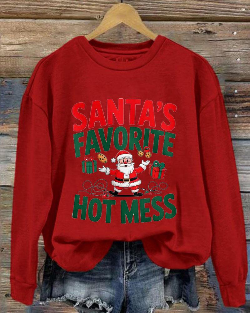 Women's Christmas Santa's Favorite Hotmess Print Crew Neck Sweatershirts