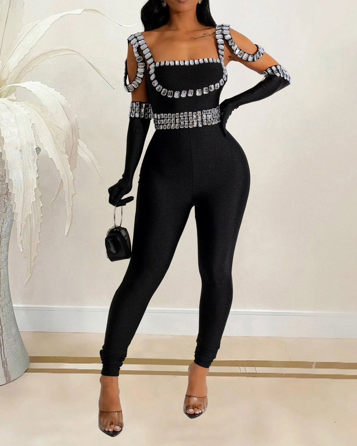 Women's Fashion Solid Color Sexy Suspender Hot Diamond Long Jumpsuit