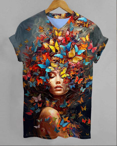 Color Butterfly Oil Painting V-neck Short Sleeve Tshirt