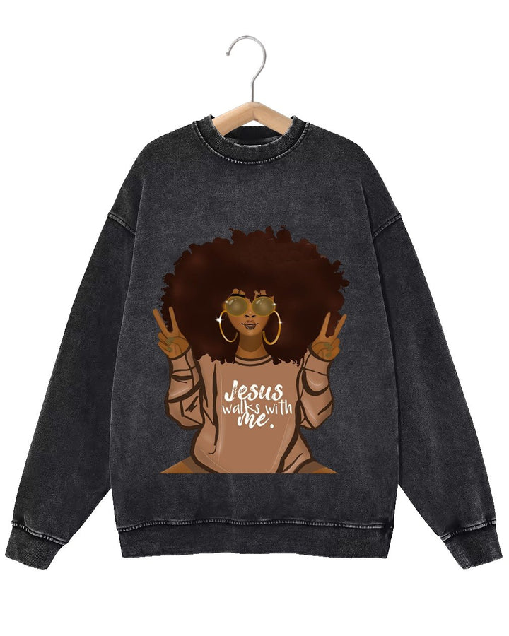 Retro Fashion Distressed Washed Jesus Walks with Me Print Long Sleeve Sweatshirt