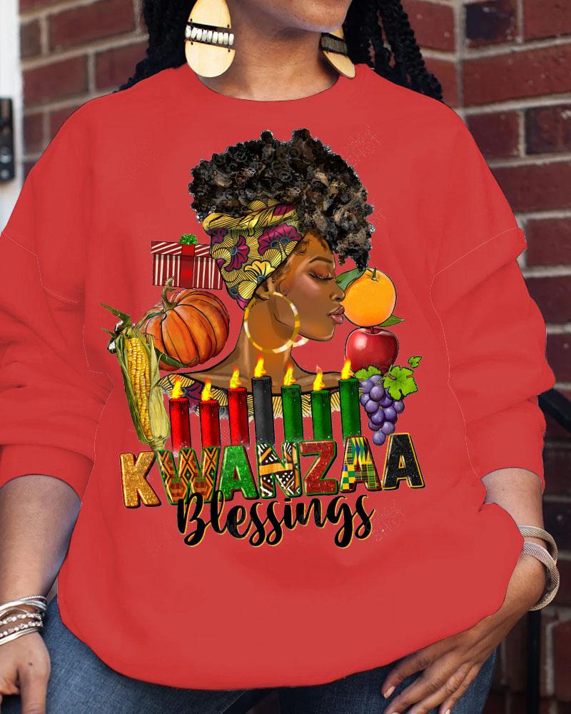 Women's Round Neck Kwanzaa Blessings Printed Long Sleeve Sweatershirts