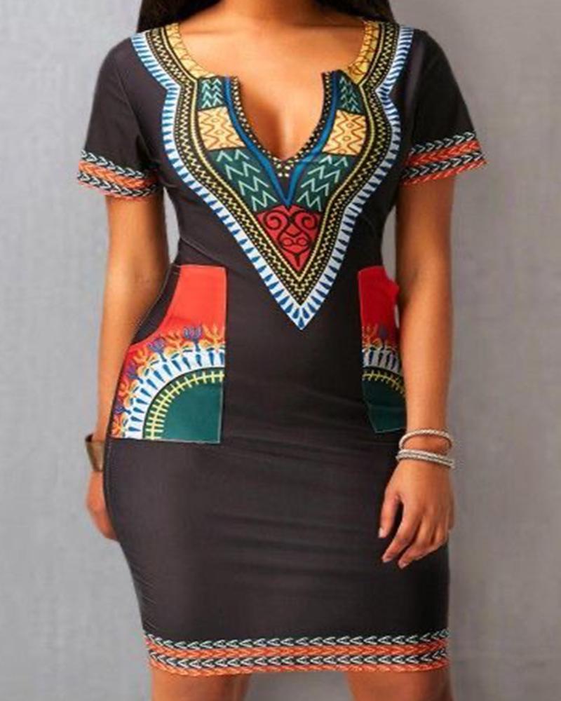 Black Ethnic Style Printed Short Sleeved Pocket Retro Dress