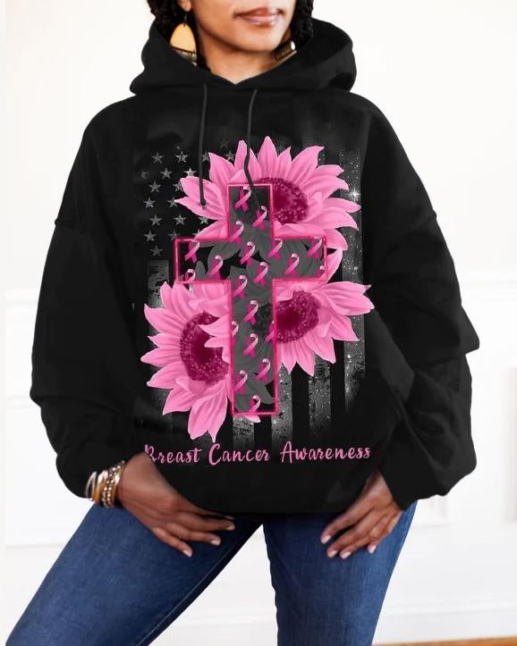 Fashion Breast Cancer Sunflower Print Long-sleeved Hooded