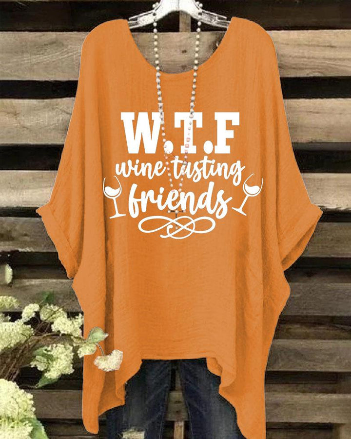 Women's Thanksgiving Wine Tasting Friends Pattern Printed Round Neck Batwing Sleeve Blouses