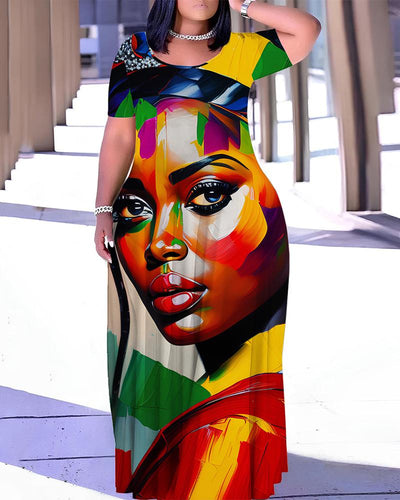 Black Girl's Contrasting Printed Round Neck Long Skirt