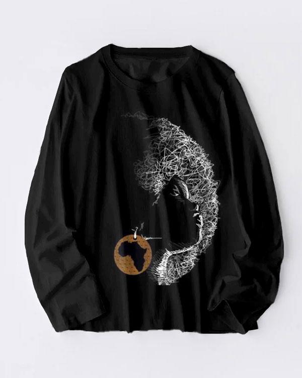 Afro Girl Line Drawing Print Cotton Crew Neck Long Sleeve T-shirt