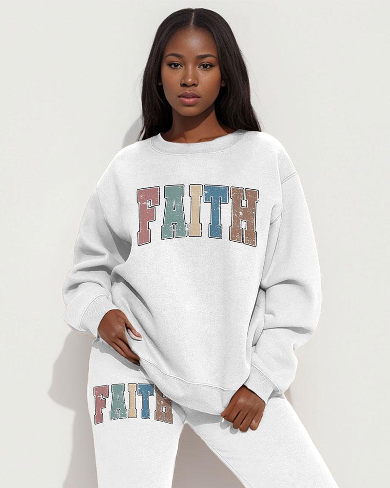 Colorful Faith Print Long Sleeve Sweatshirt Two Pieces Set