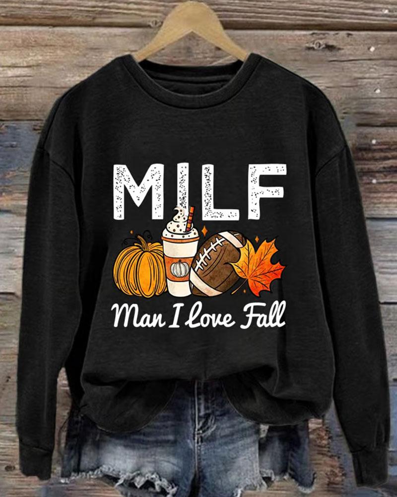 Women's Thanksgiving Man I Love Fall Print Round Neck Sweatshirt