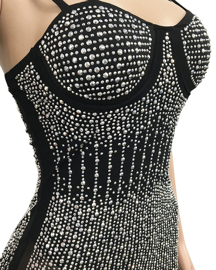 Women's Fashion Solid Color Sexy Waist Mesh See-through Rhinestone Sling Party Dress