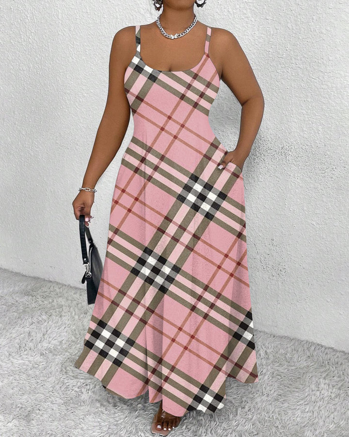 Pink Plaid Print Oil Painting Pocket Dress