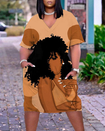 V-neck Curly Hair Big Earrings Brown Woman Pocket A-line Dress