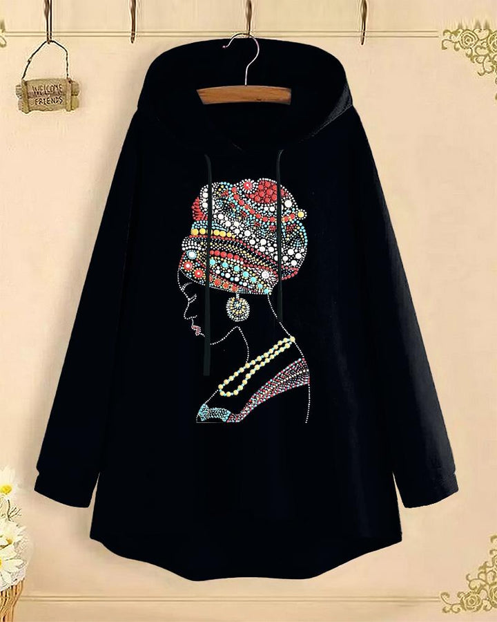 Noble Retro Print Long-Sleeved with Loose Hem Hoodie