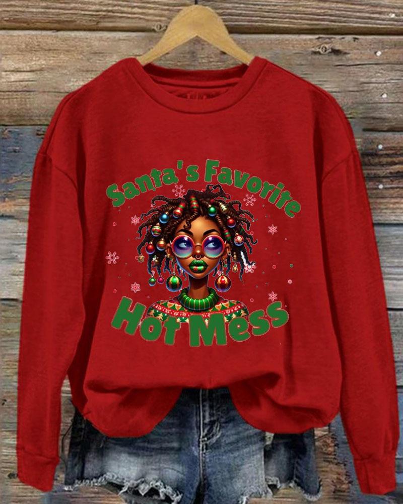 Women's Christmas Black Girl Santa's Favorite Hotmess Print Crew Neck Sweatershirts