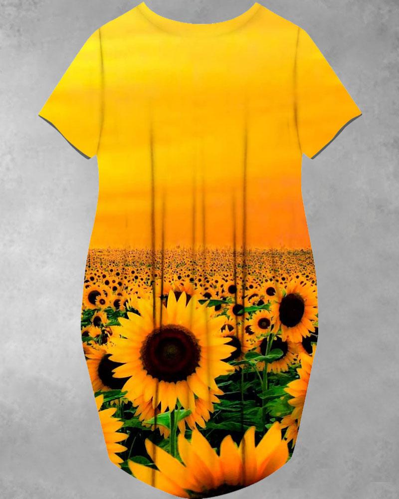 Sunflower Gradient Color Baggy Long Sleeve Pockets Midi Dresses