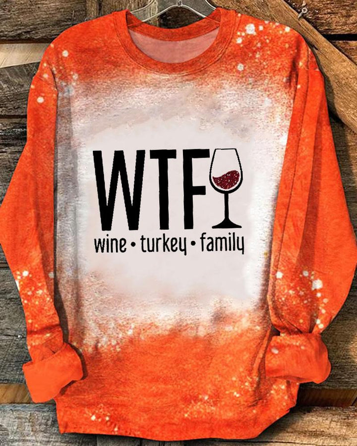 Women's Thanksgiving Wine Turkey Family Printed Crewneck Long Sleeve T-Shirt