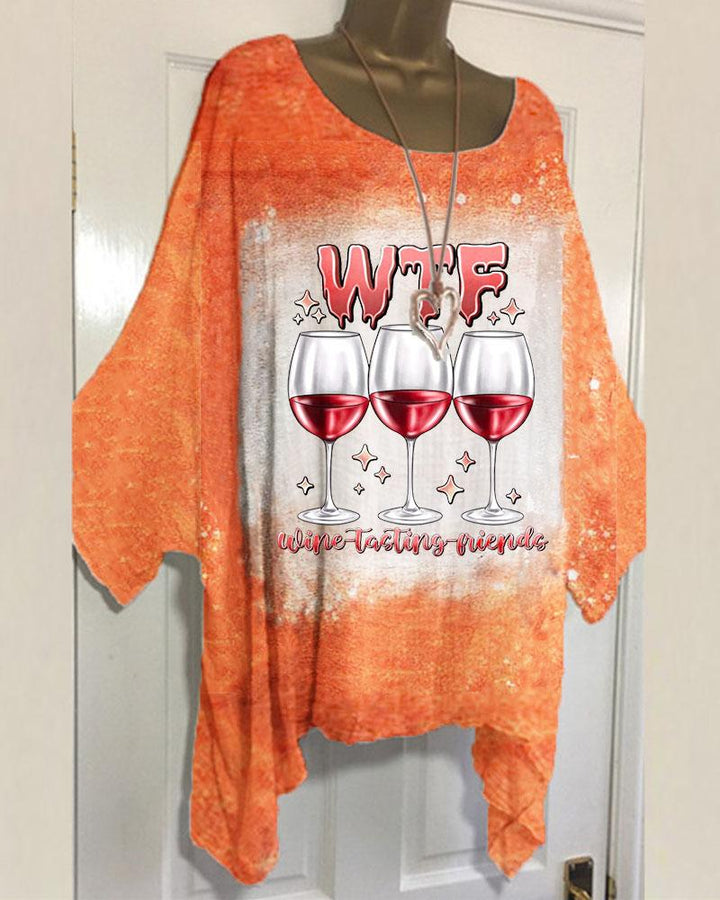 Thanksgiving Wine Turkey Family Crewneck Batwing Sleeve Tie-Dye Printed Blouse