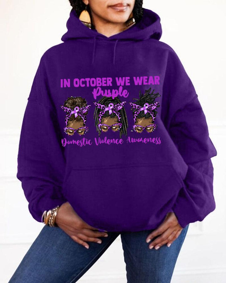 Women's Clothing Domestic Violence Awareness Slogan In October We Wear Purple Hooded Sweatshirt