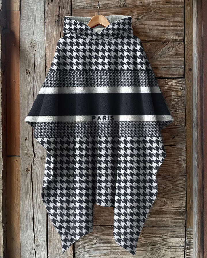 Houndstooth Stripes Stitching Hooded Warm Shawl Cape