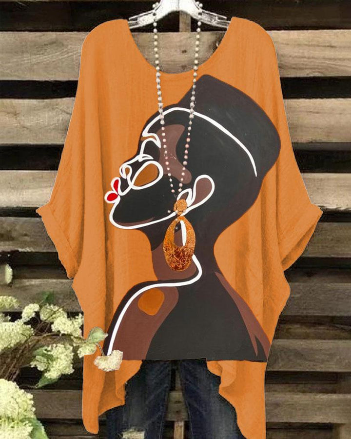 Women's Thanksgiving Black Girl Color Contrast Illustration Print Round Neck Bat Sleeve Blouses