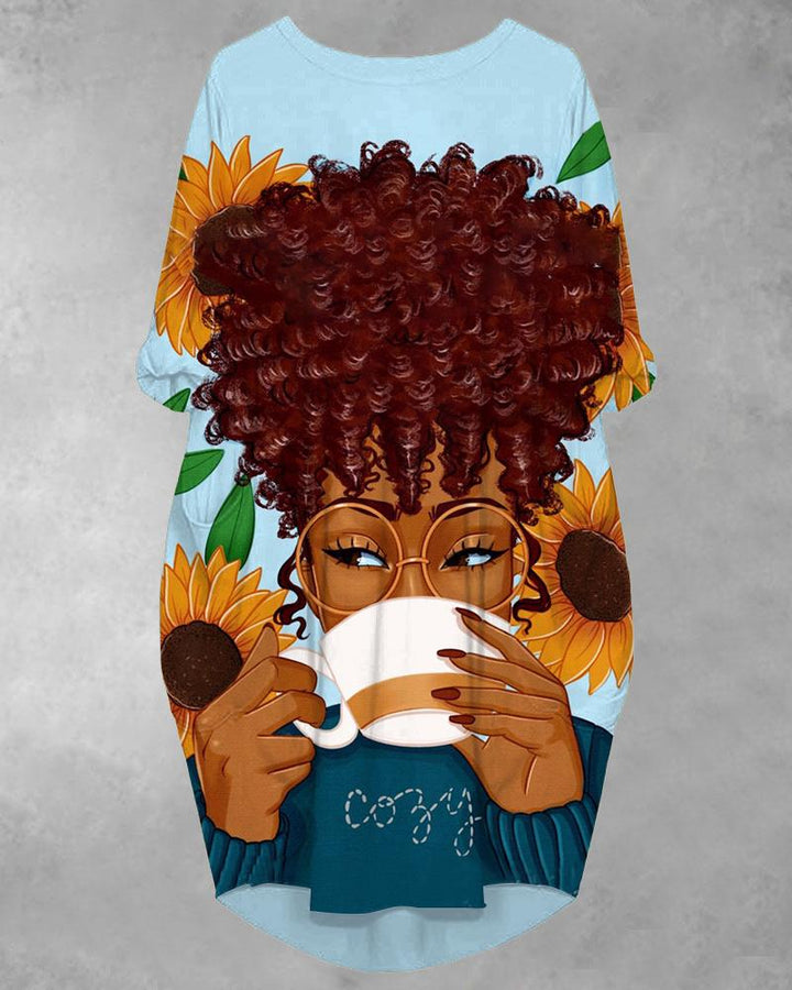 Coffee Sunflower Afro Girl Pockets Midi Dress