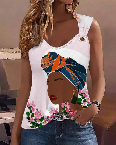 Flowers Hijab African Girl Sleeveless Top With Sweetheart Neckline