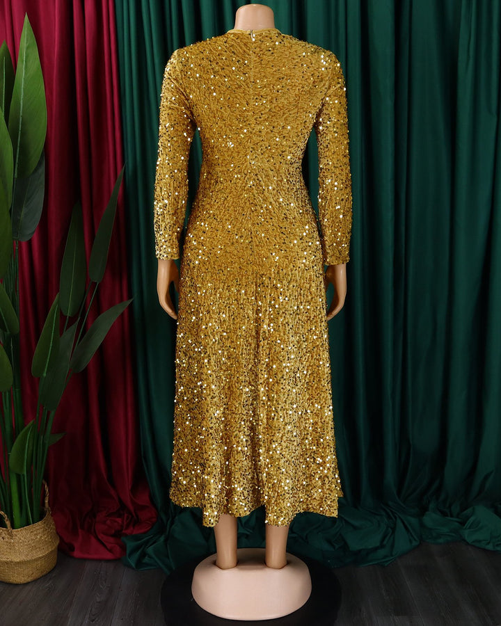 Fashion Sequin Temperament High Waist Round Neck Long Sleeve Mid-length Dress