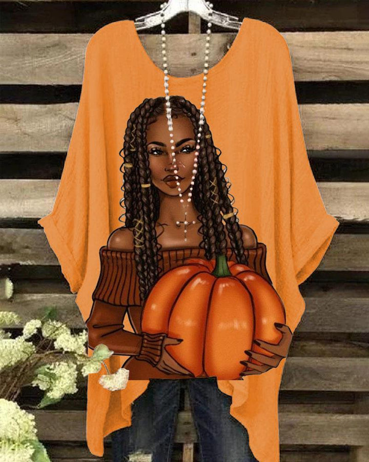 Women Pumpkin Thanksgiving  Black Girl Round Neck Bat Sleeve Print Blouses