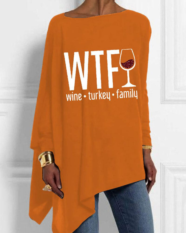 Women's Thanksgiving Wine Turkey Family Printed Irregular Hem Long Sleeve T-Shirt