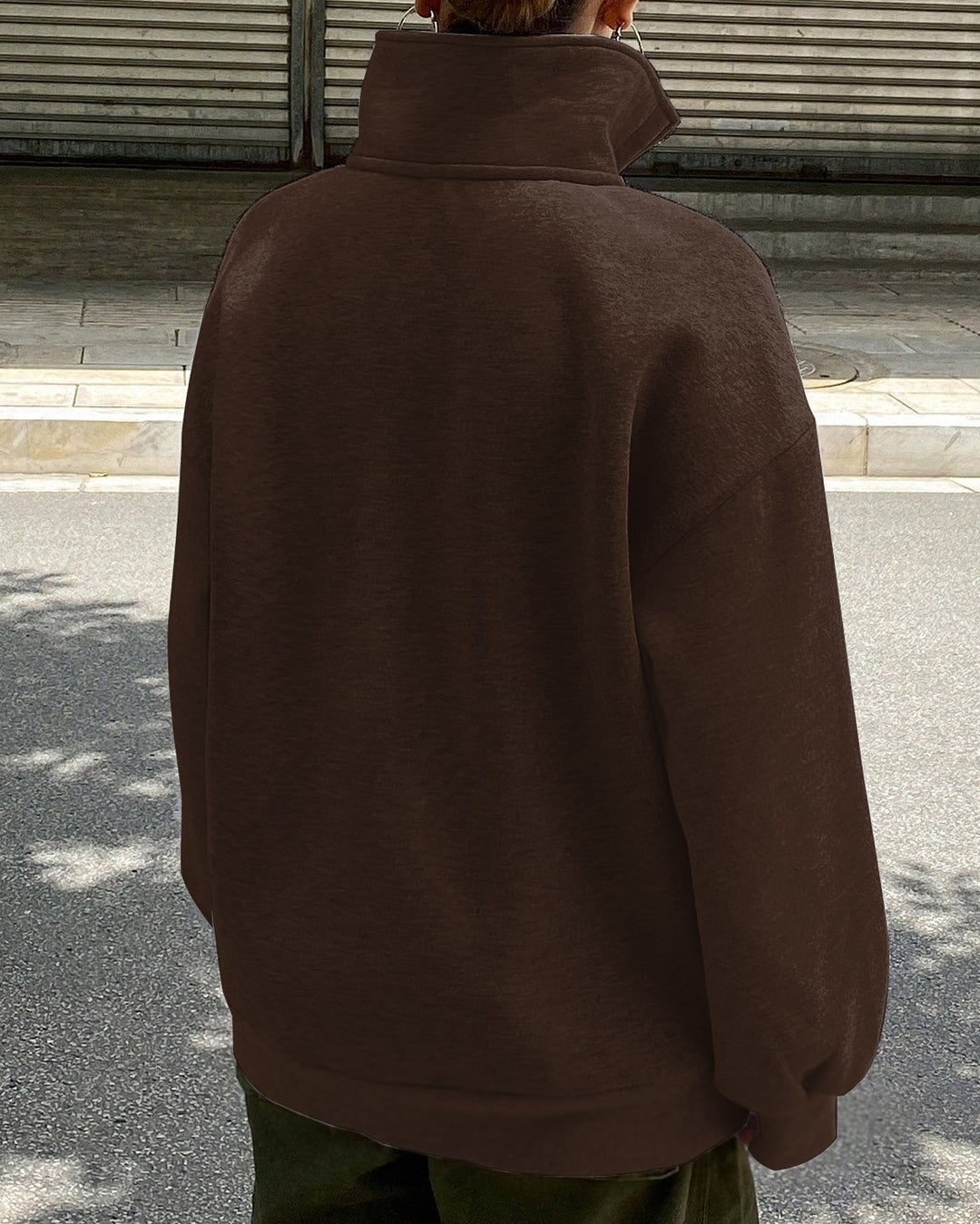 In My Era Brown Sugar Zipper Stand Collar Loose Fleece Sweatshirt